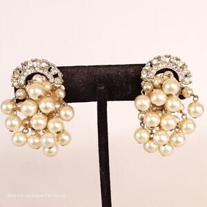 Clear Rhinestone Crowns Over Cascading Pearly Bead Clip Ons